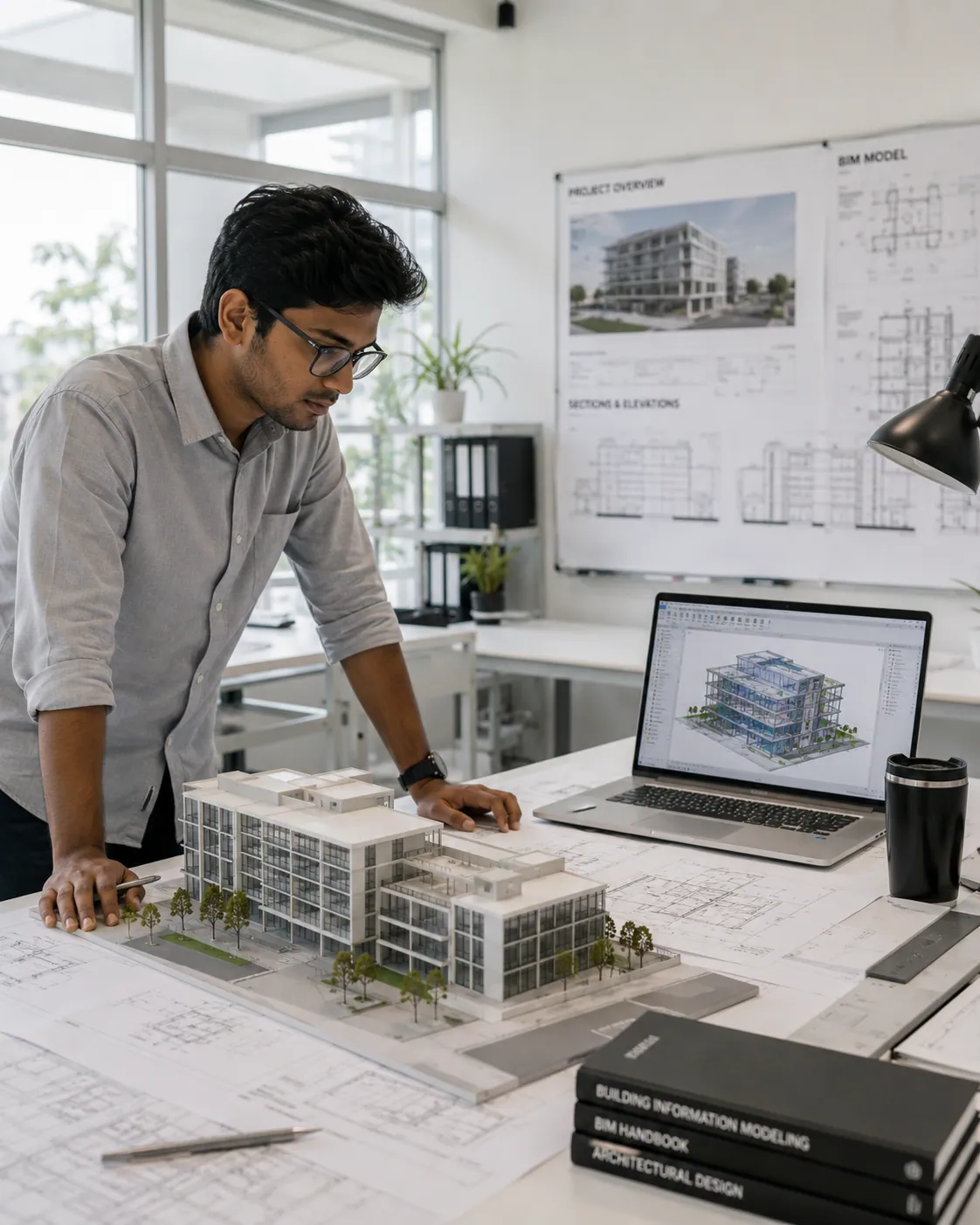 Engineers reviewing a BIM model on a large screen