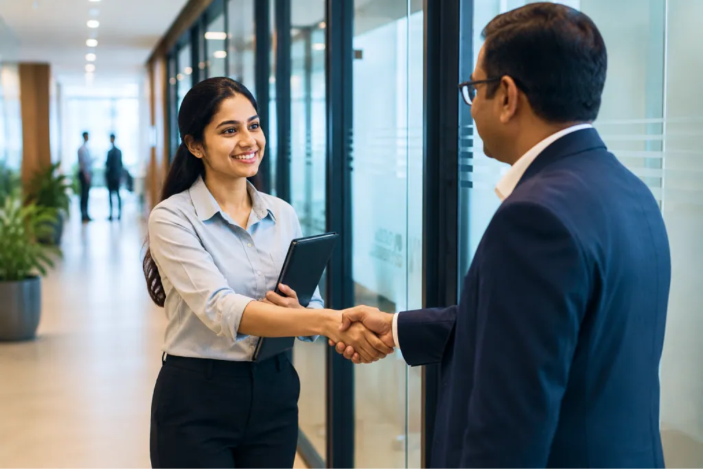 Graduate shaking hands with a recruiter at a placement interview